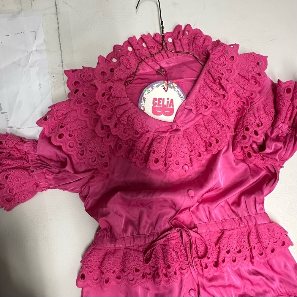 CeliaB Pink Ruffled Puff Sleeve satin Mini Dress nwt size Small - Picture 10 of 14